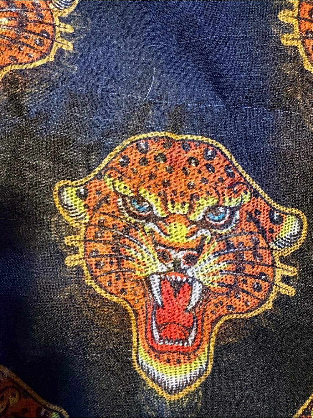 Sourpuss Navy Curtain Panel with Orange Leopard Head Print